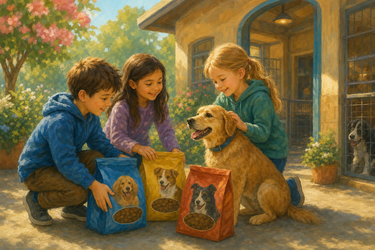 Children delivering pet food to a friendly dog at an animal shelter.