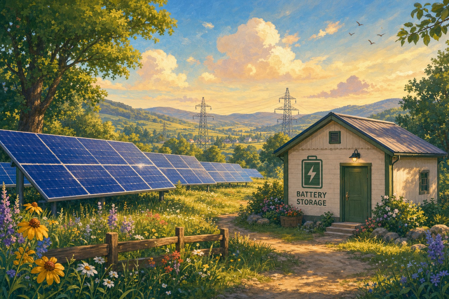 Solar panels and a battery storage building connected to the power grid.