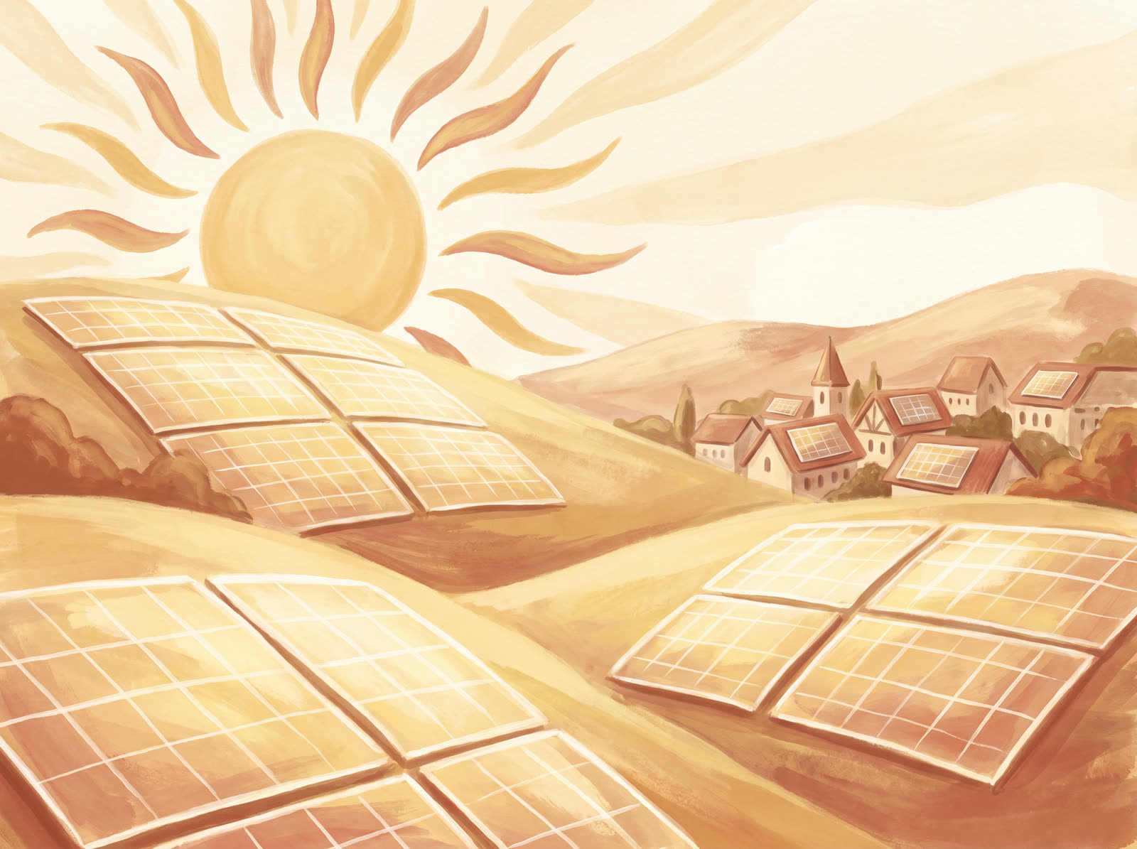 Rolling hills covered in solar panels glowing warmly under a bright sun, with a small village in the distance.