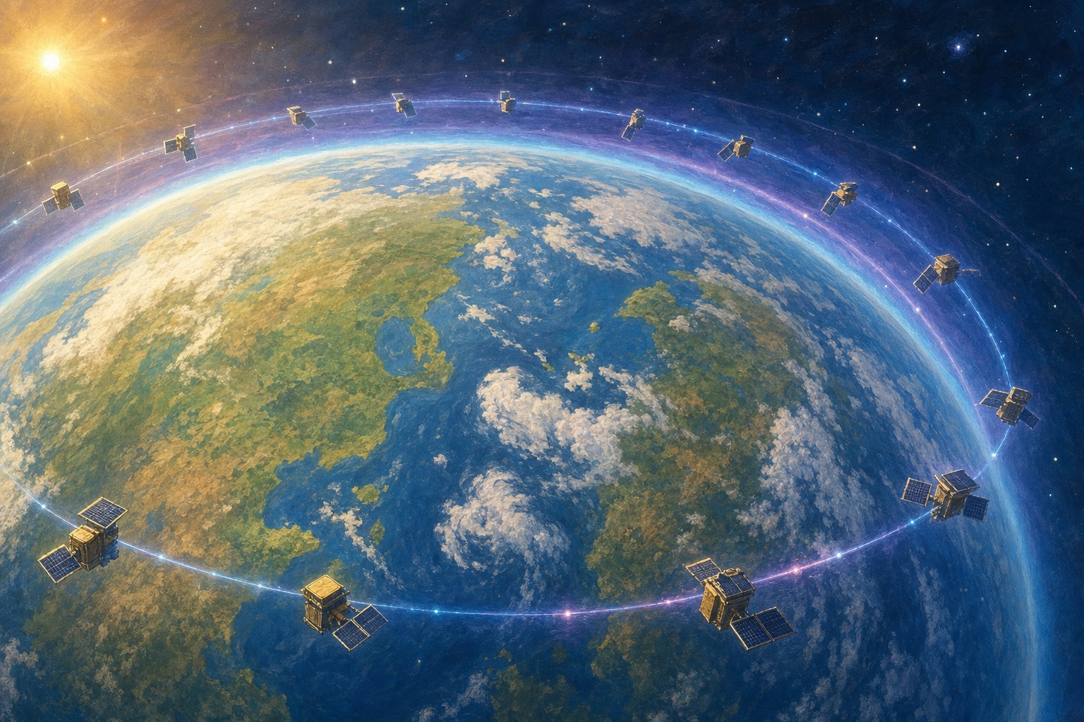 Satellites tracing a glowing map of Earth’s thin upper atmosphere from space.