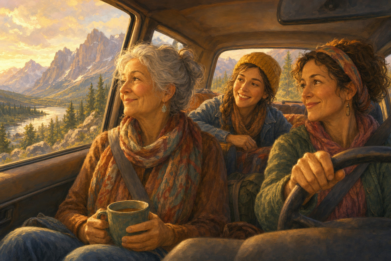 Two fellow travellers helping an older woman continue her birthday journey by car.