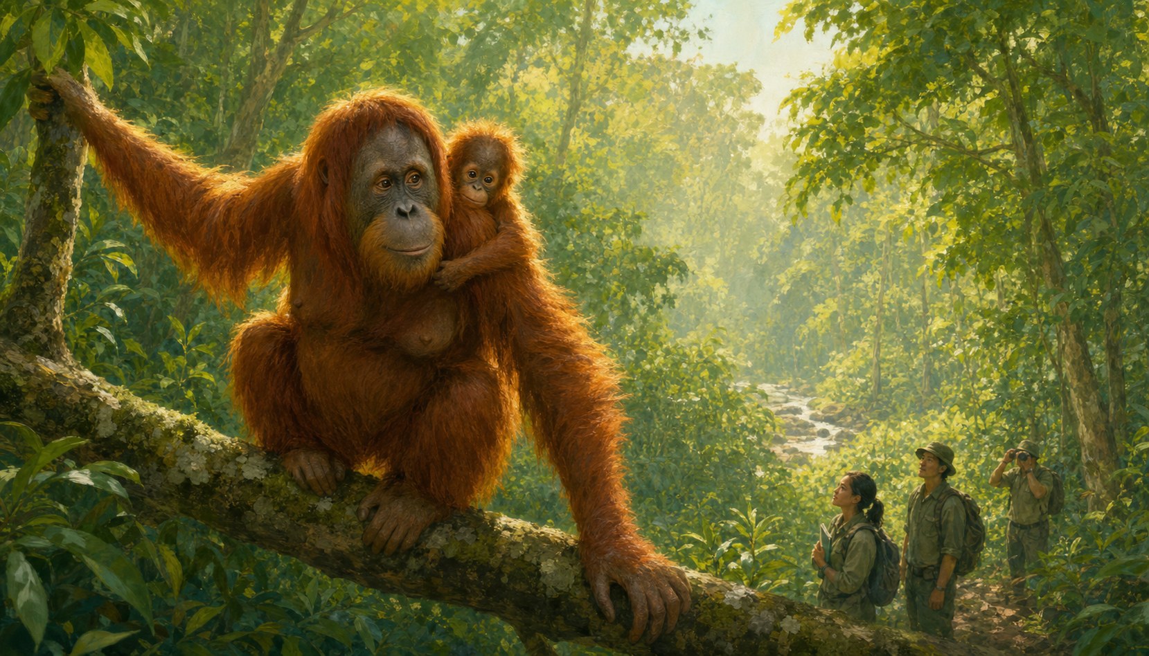 A mother Sumatran orangutan carrying her baby through the forest canopy.