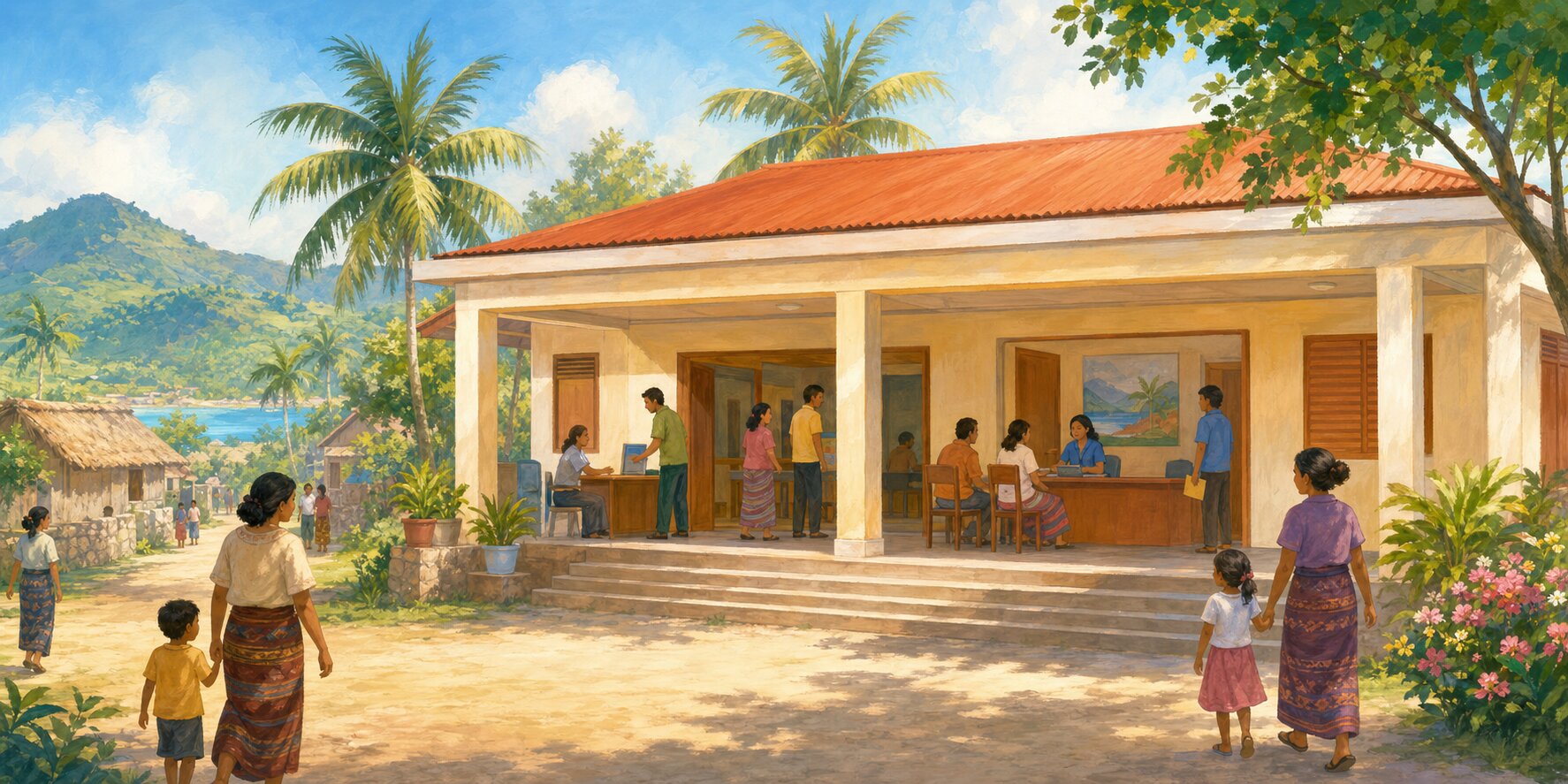 A welcoming one-stop public service building in a sunlit tropical village.