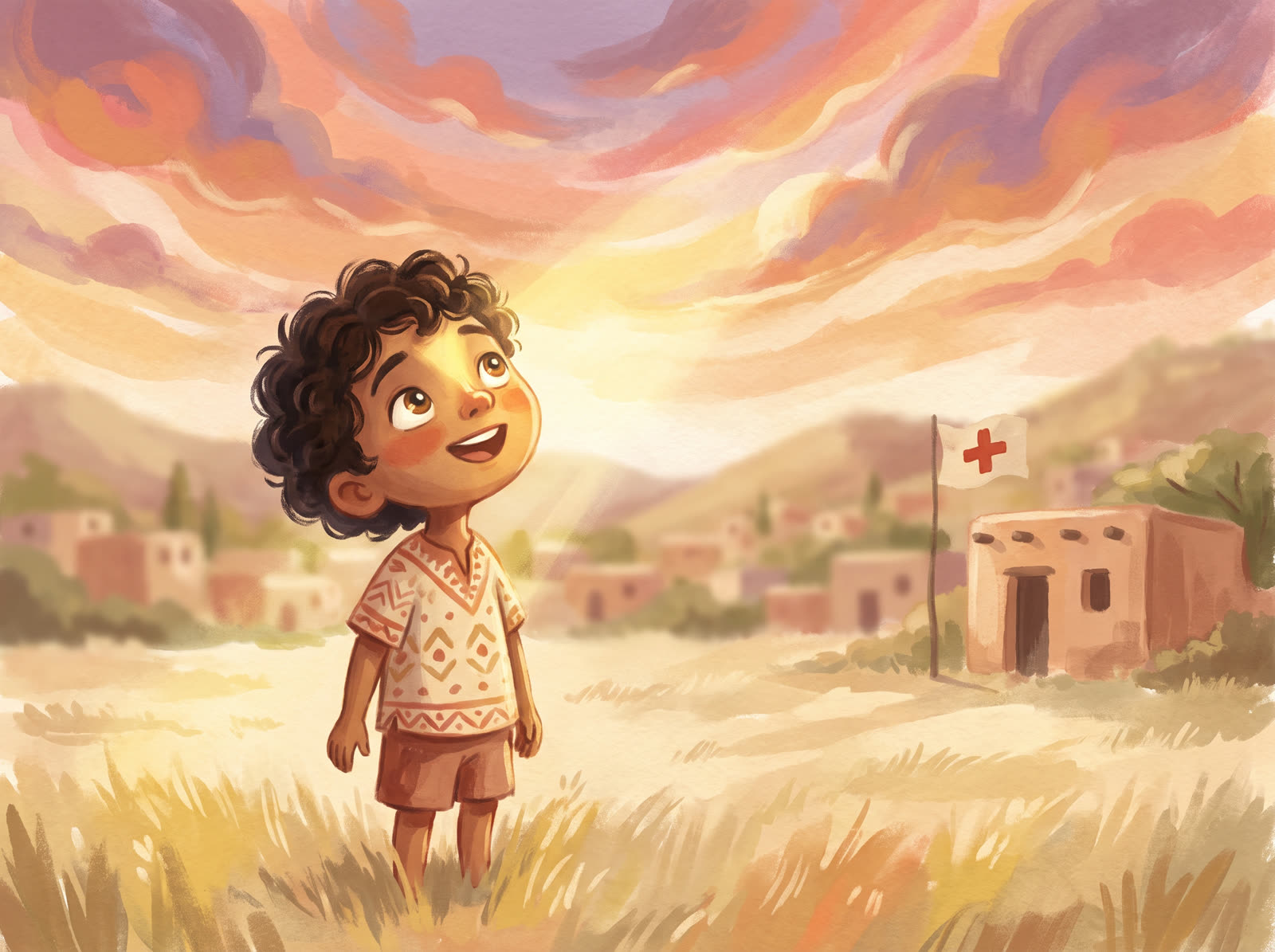A child looking up hopefully at a colorful sunset sky near a small village clinic.