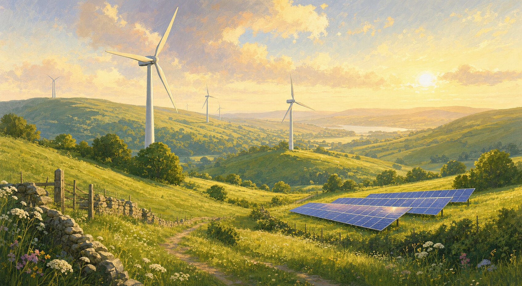 Wind turbines and solar panels across green hills in warm morning light.
