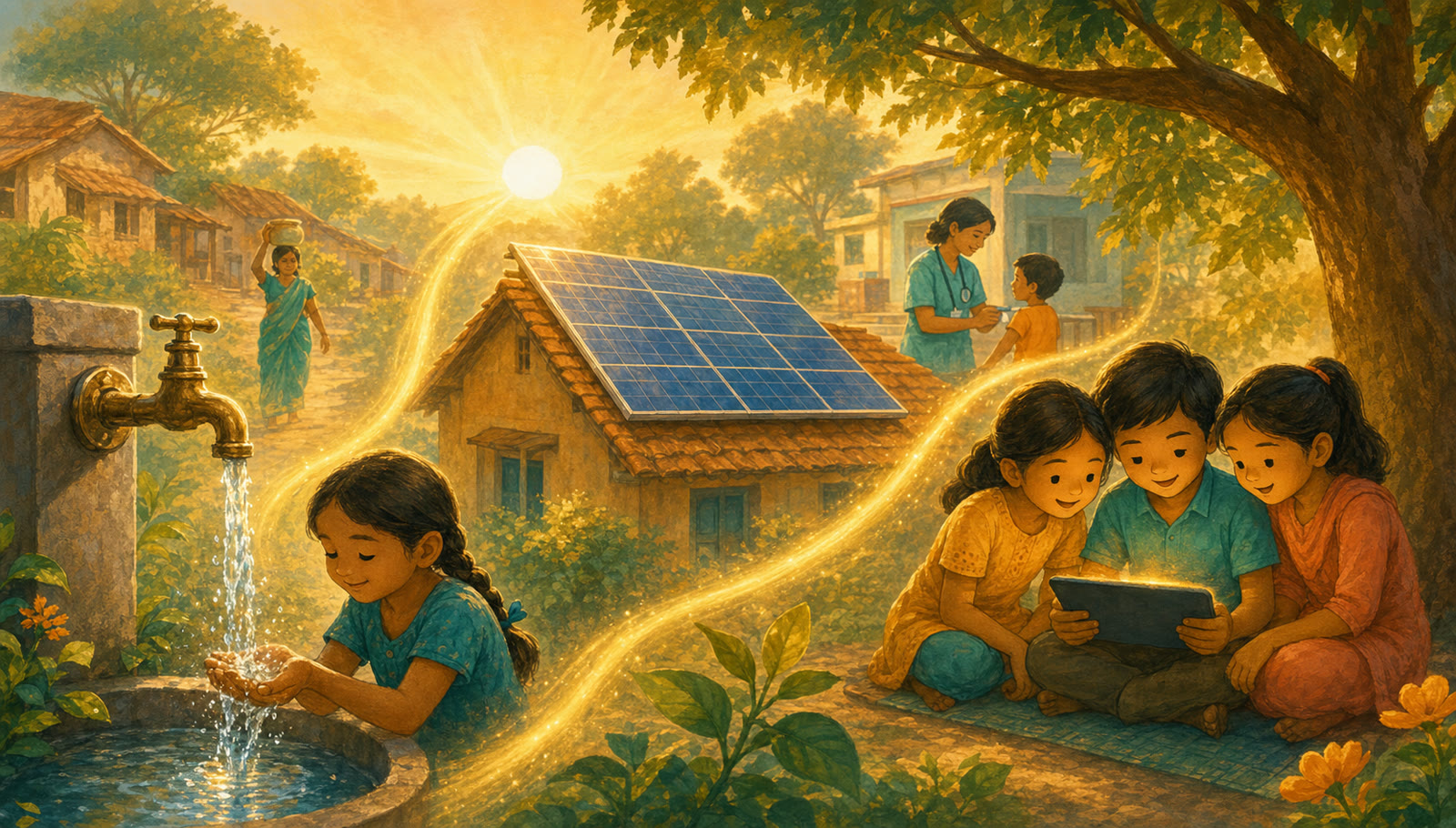 A warm illustration showing clean water access, electricity, and internet-connected learning in everyday life.