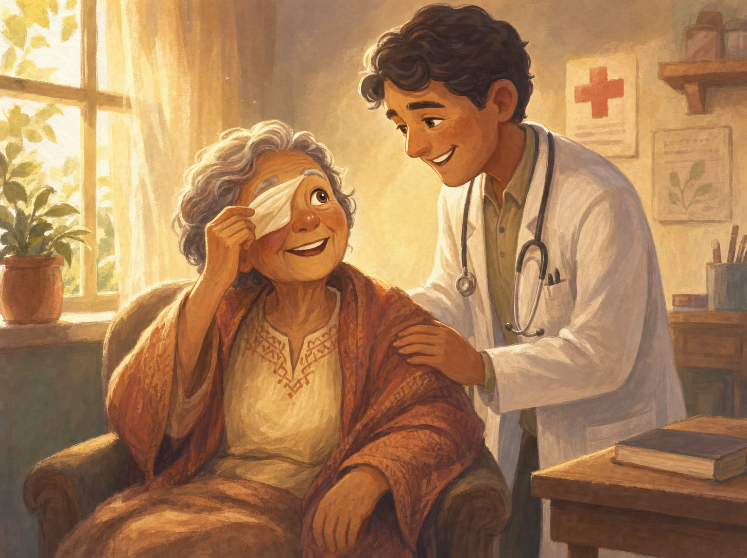 An elderly person removing a soft eye bandage and smiling with wonder in a sunlit room as a caring doctor stands beside them.
