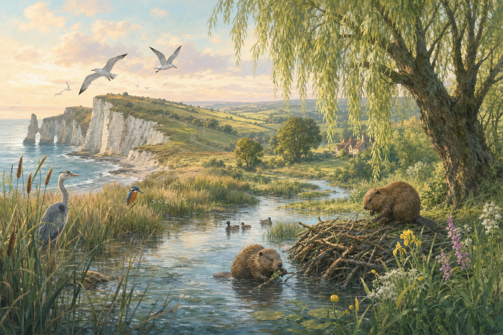 A warm illustrated English landscape with a river, wetlands, and coastal cliffs suggesting wildlife returning.