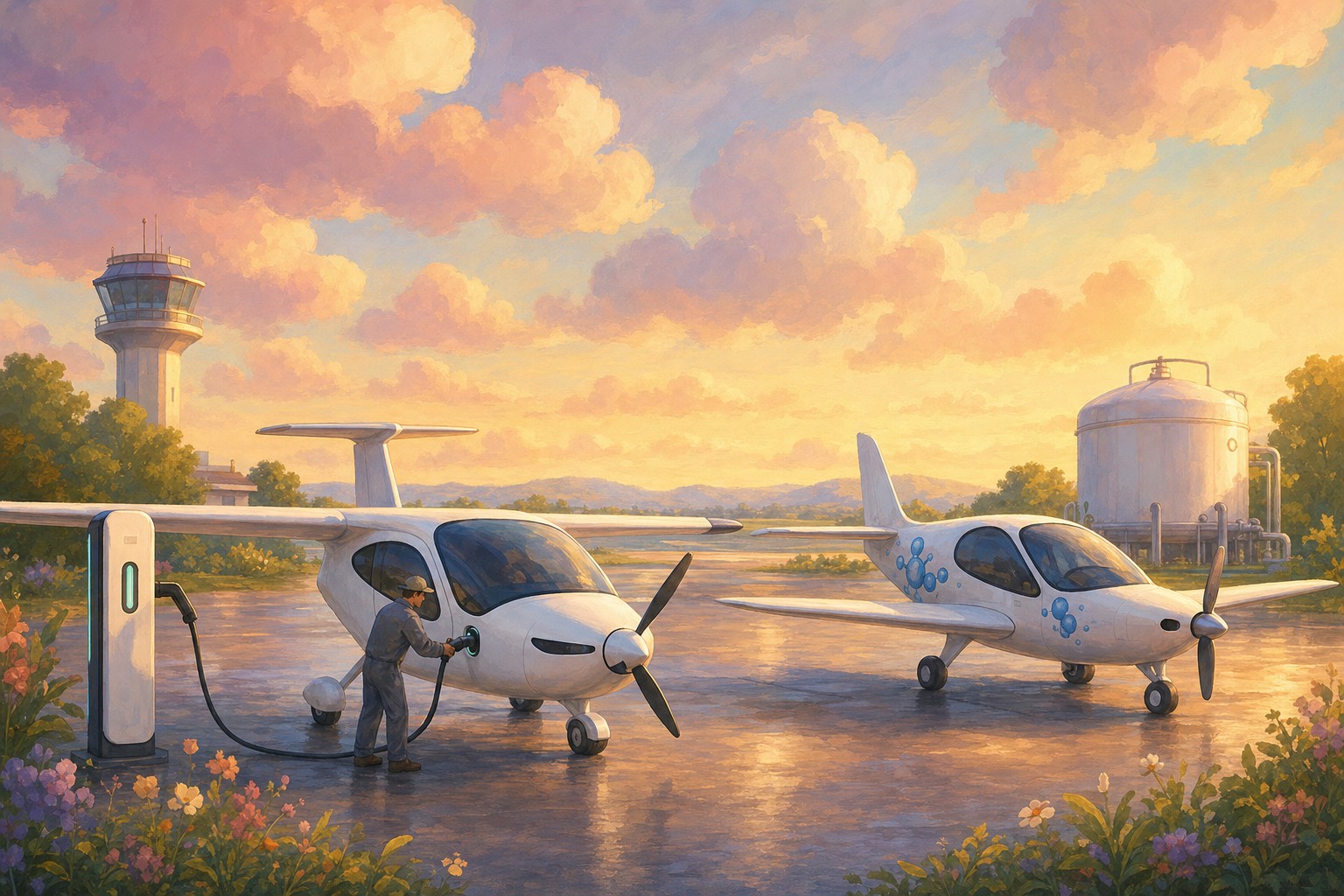 Small aircraft on an airport apron with charging equipment nearby.