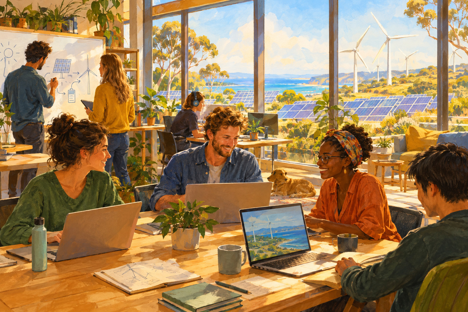 Young inventors work on small solar, wind, and battery prototypes in a bright workshop.