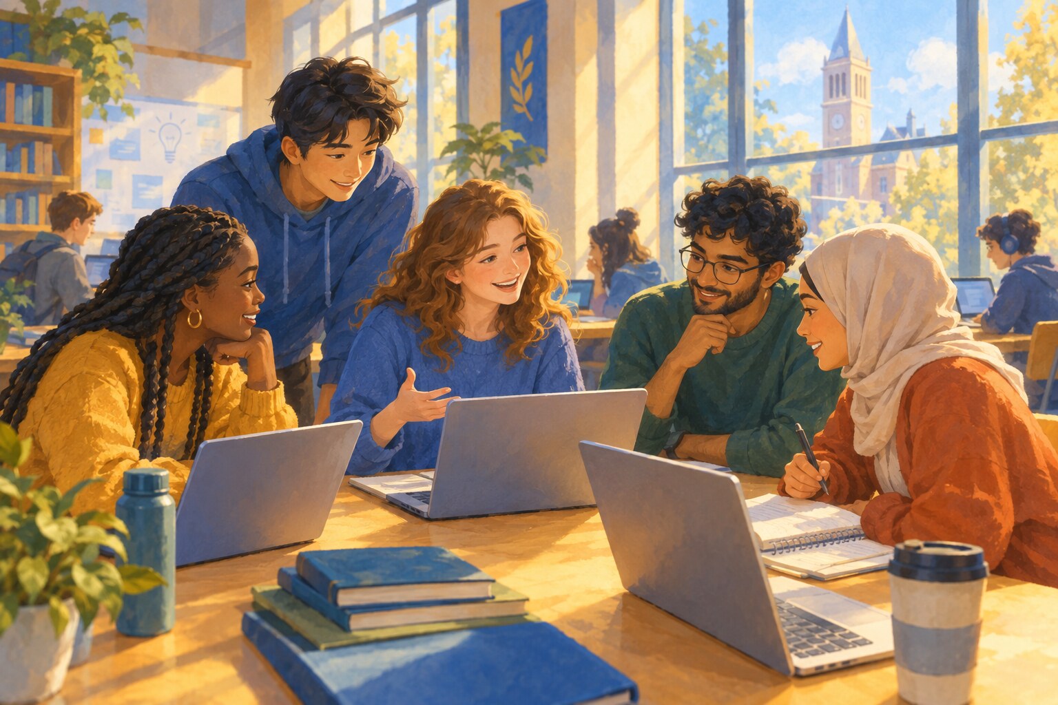 University students learn cloud and technology skills together in a bright study room.