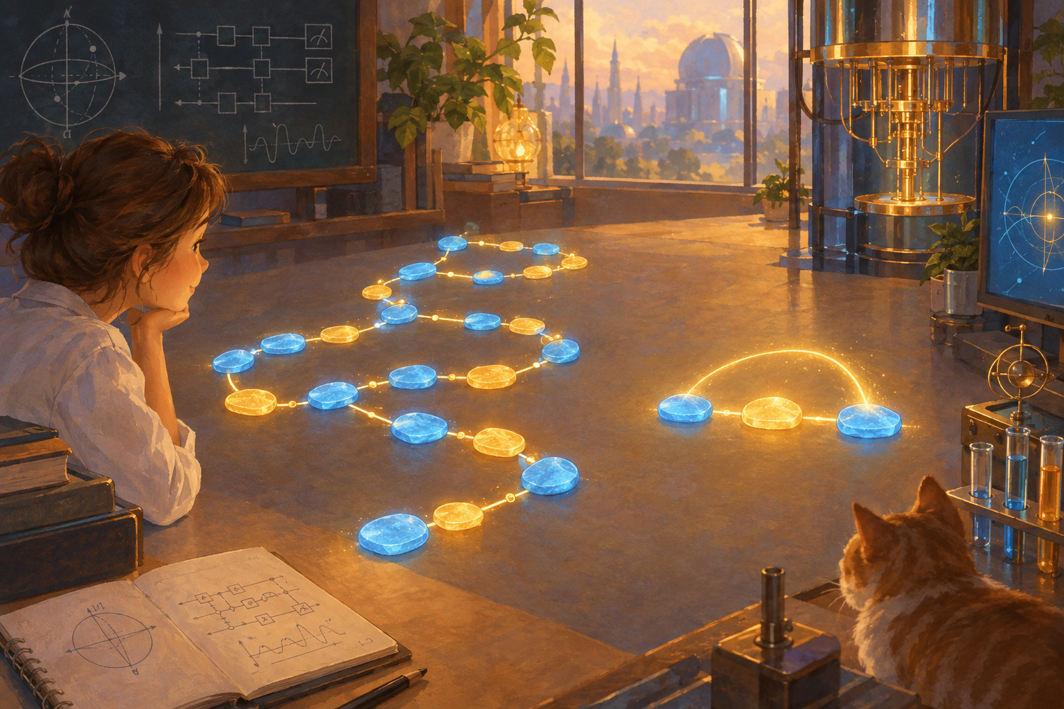 A glowing quantum circuit shows one short path replacing a long sequence of operations.