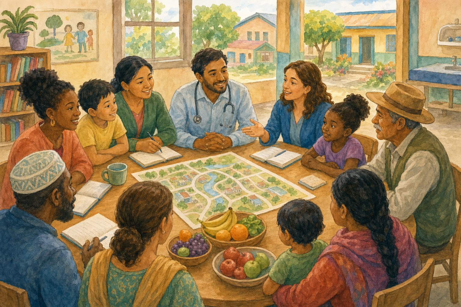 Community members and health workers planning a child-health program together.