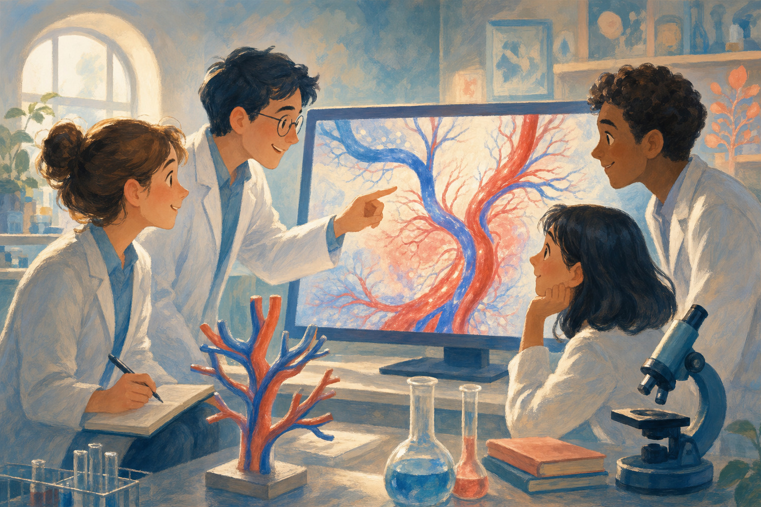 Researchers study a glowing blood vessel diagram during a medical research project.