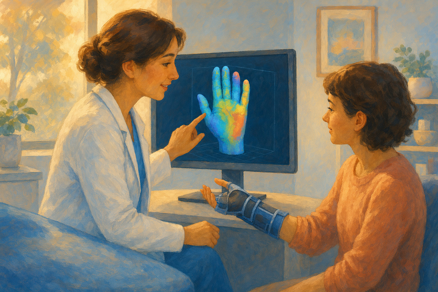 A clinician and patient examine a detailed 3D scan of a hand joint.