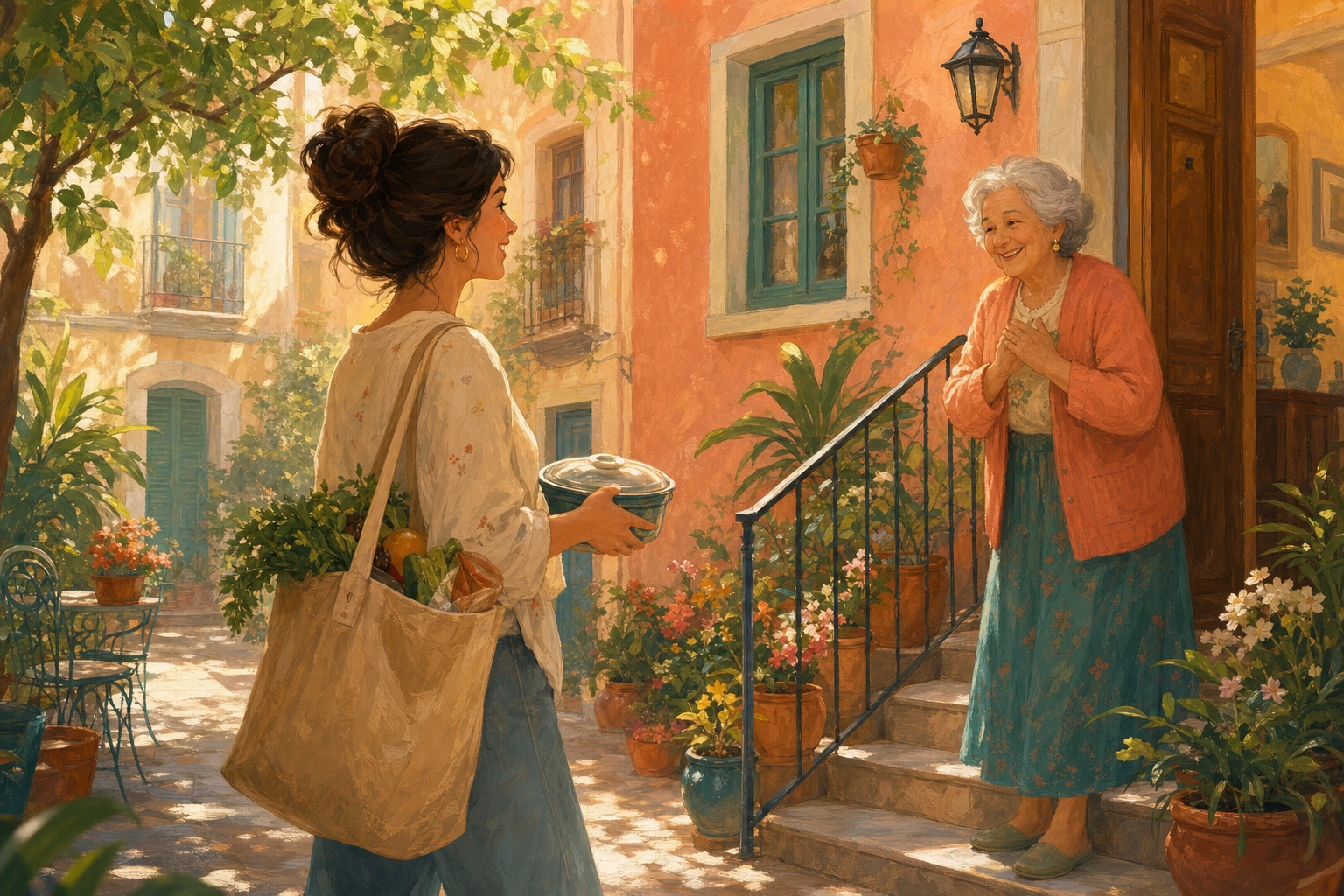 A neighbor brings a meal and groceries to an older woman in a sunny apartment courtyard.