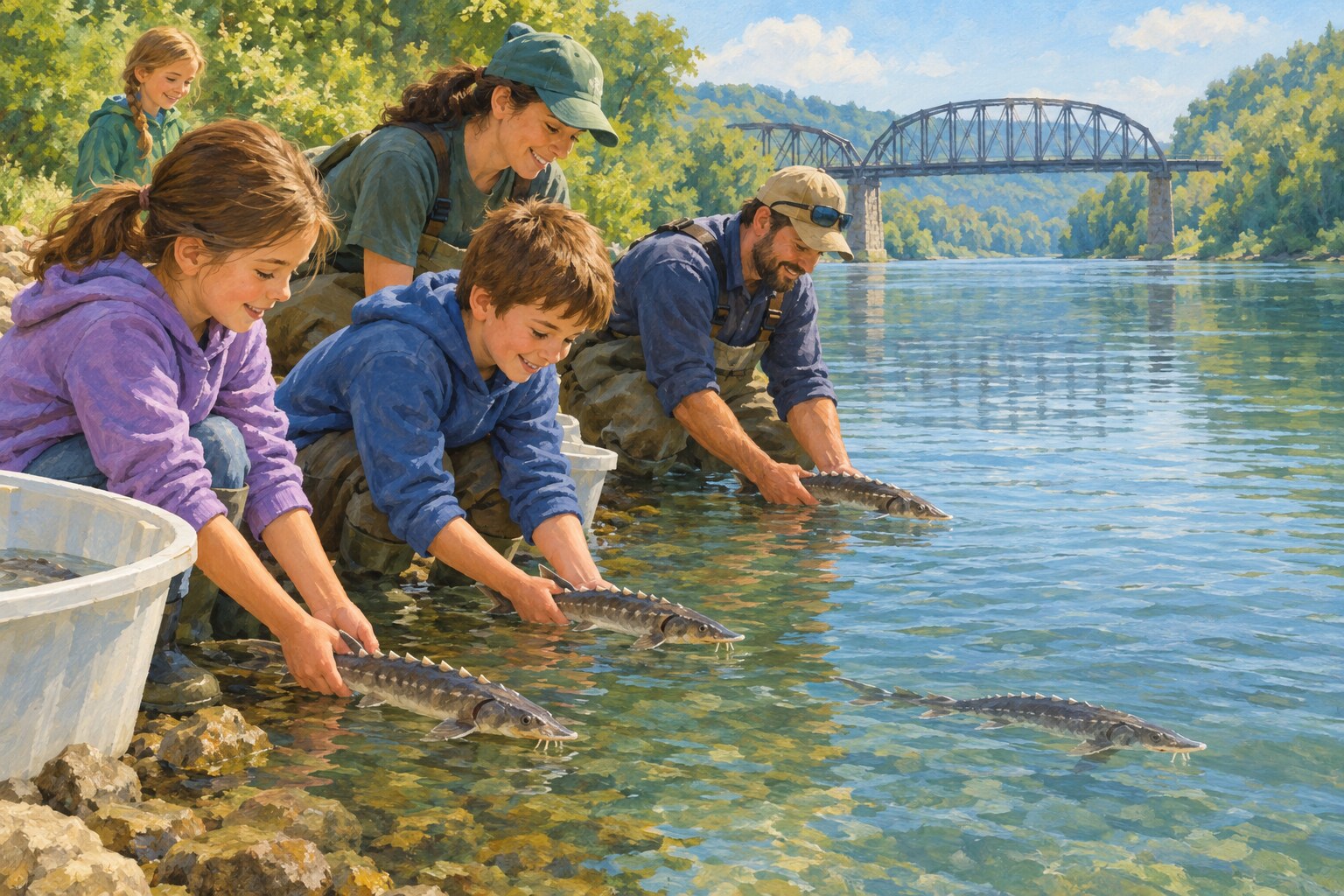 Conservationists release young lake sturgeon into Ohio’s Cuyahoga River.