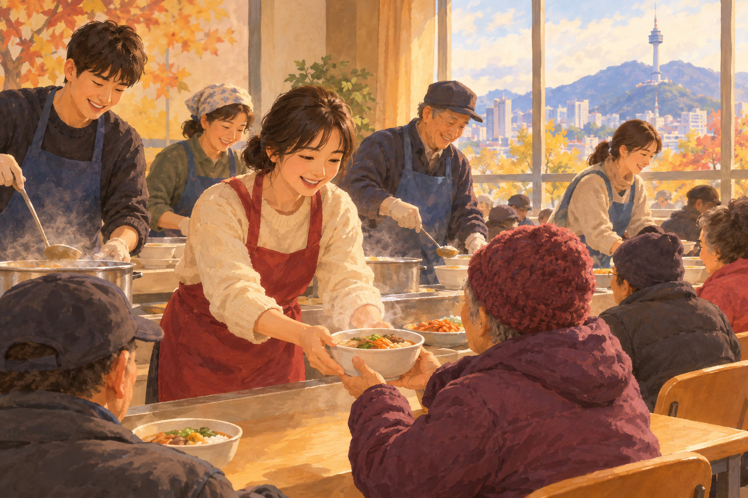 Volunteers serve warm meals to older adults and other neighbors at a community gathering.