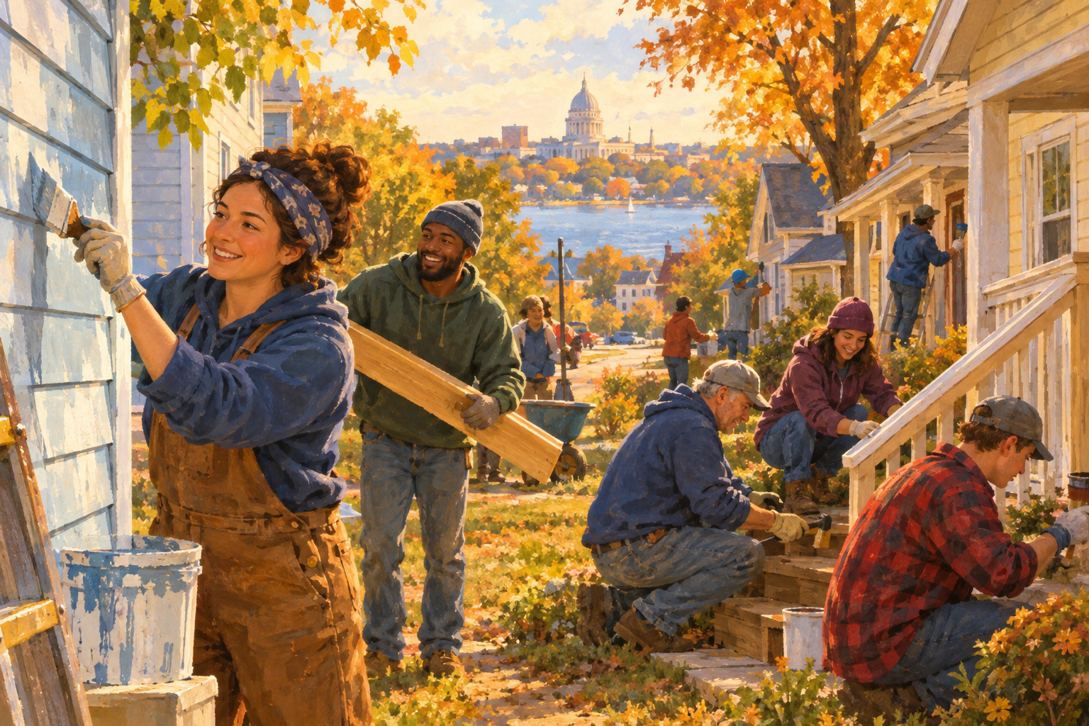 Volunteers planting flowers and painting a mural outside homes in a welcoming neighborhood.