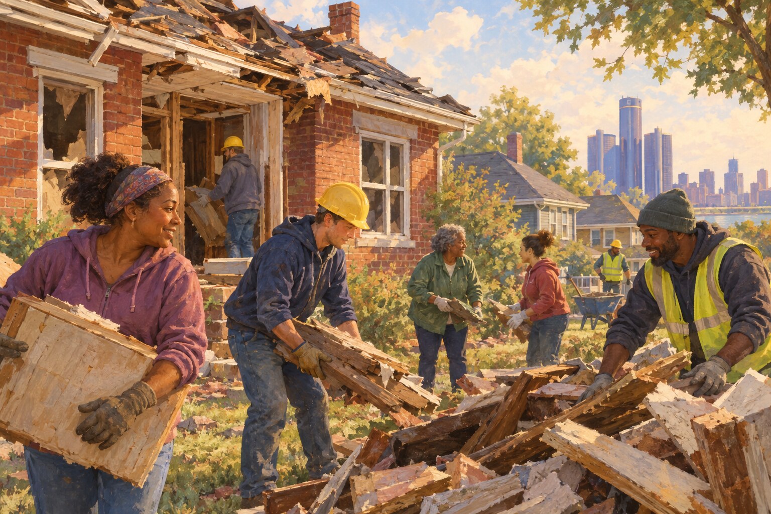 Neighbors and workers begin helping a family repair a storm-damaged Detroit home.