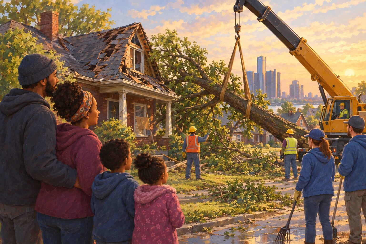 Volunteers and a crane lift a fallen tree from a Detroit family’s storm-damaged home.
