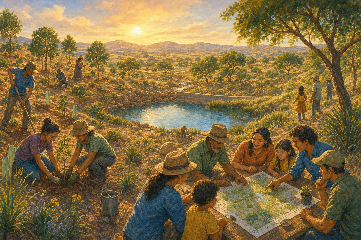 People work together on water and land restoration in a dry landscape.