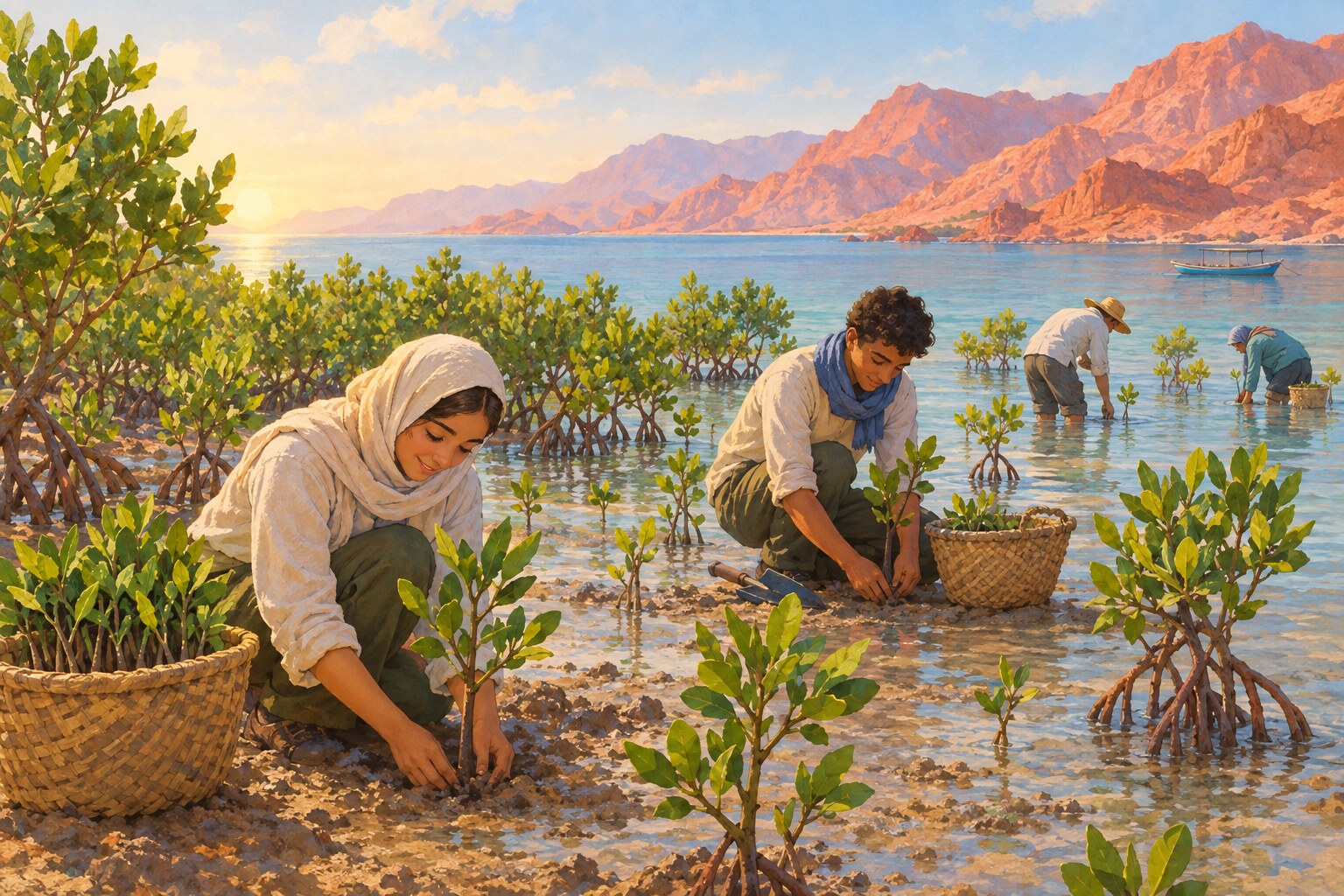 Volunteers plant young mangroves along Egypt’s Red Sea coast.