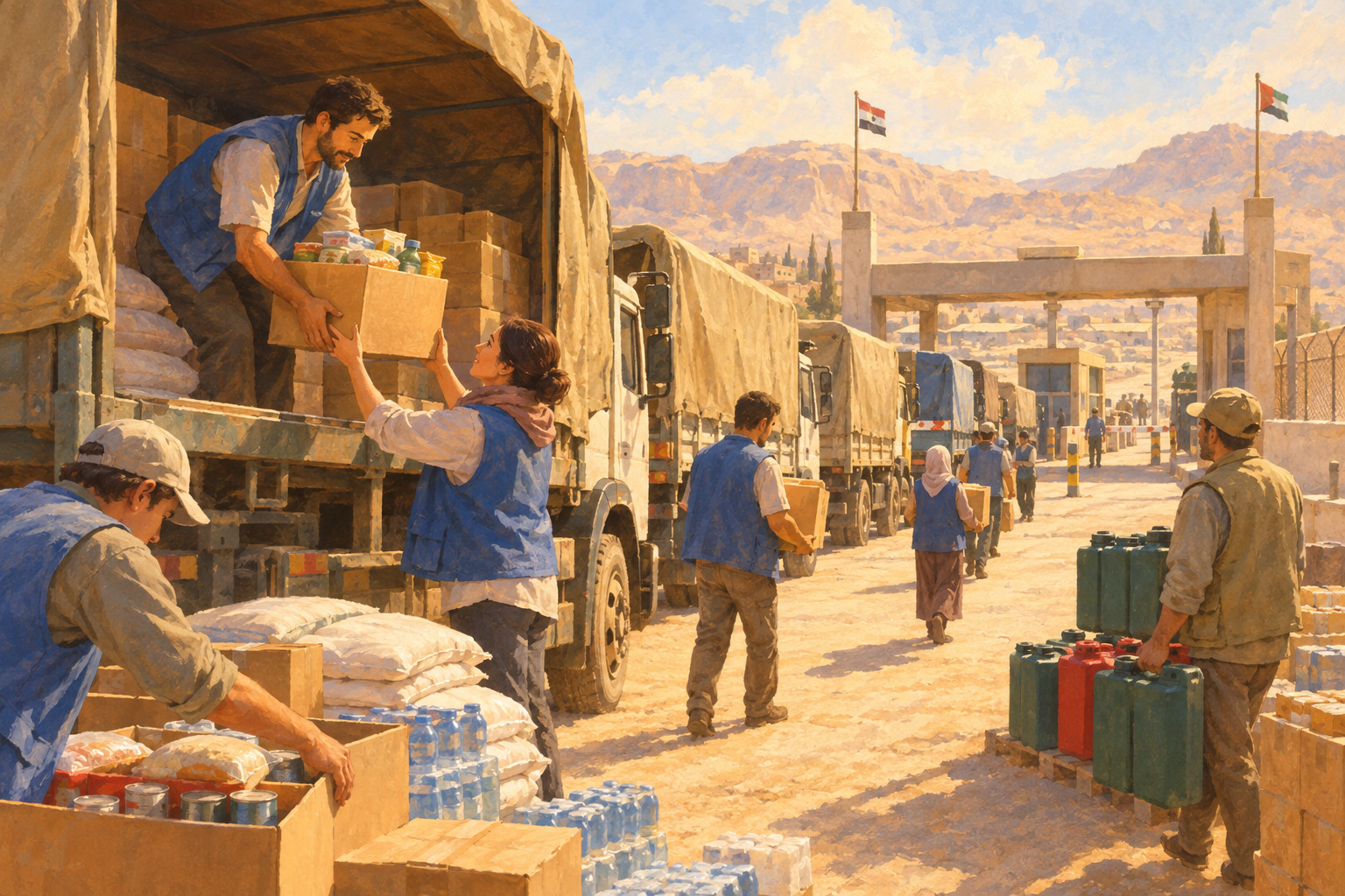 Aid workers load food, medicine, and relief supplies onto trucks for families in need.