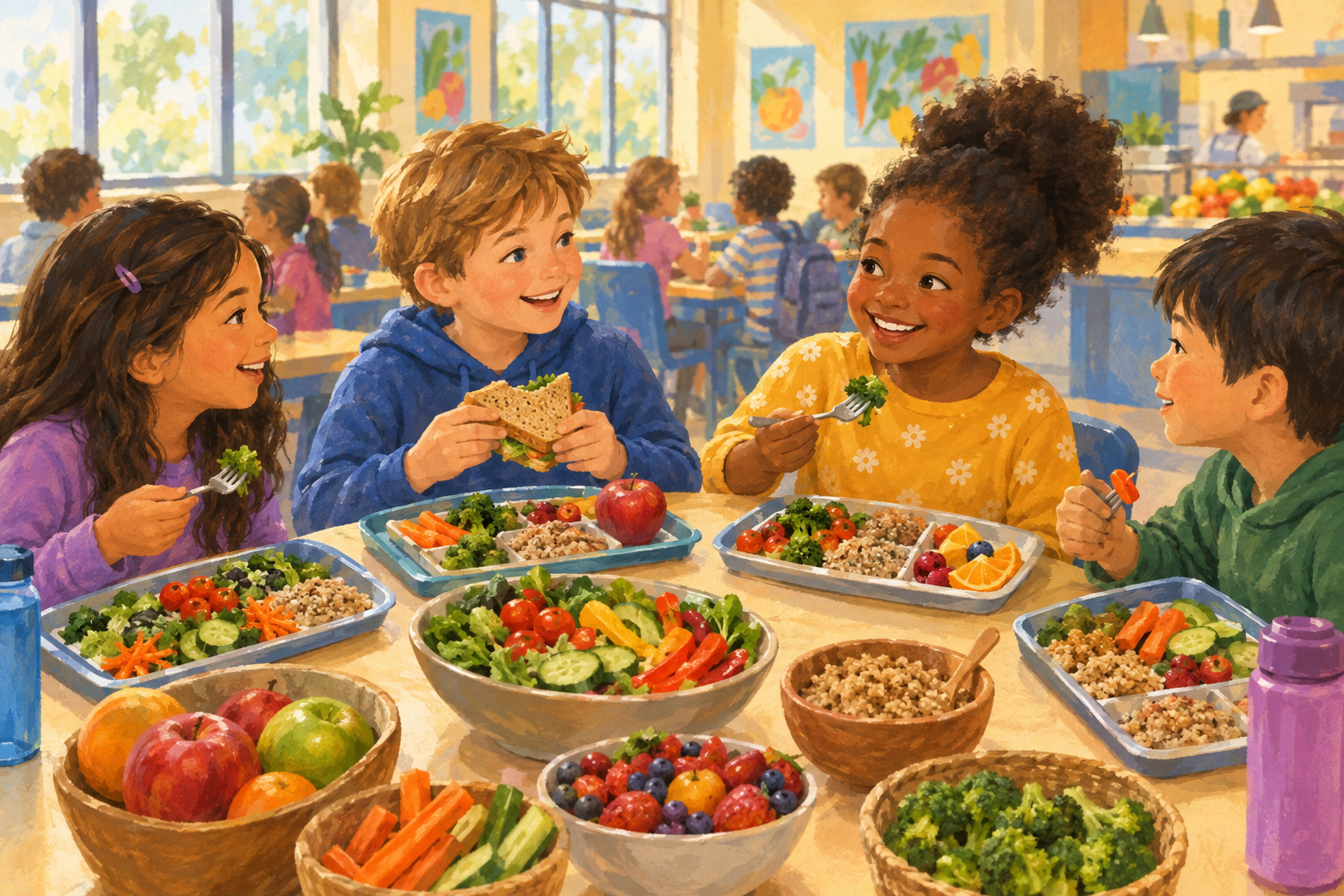 Children share colorful, nutritious school meals in a bright cafeteria.