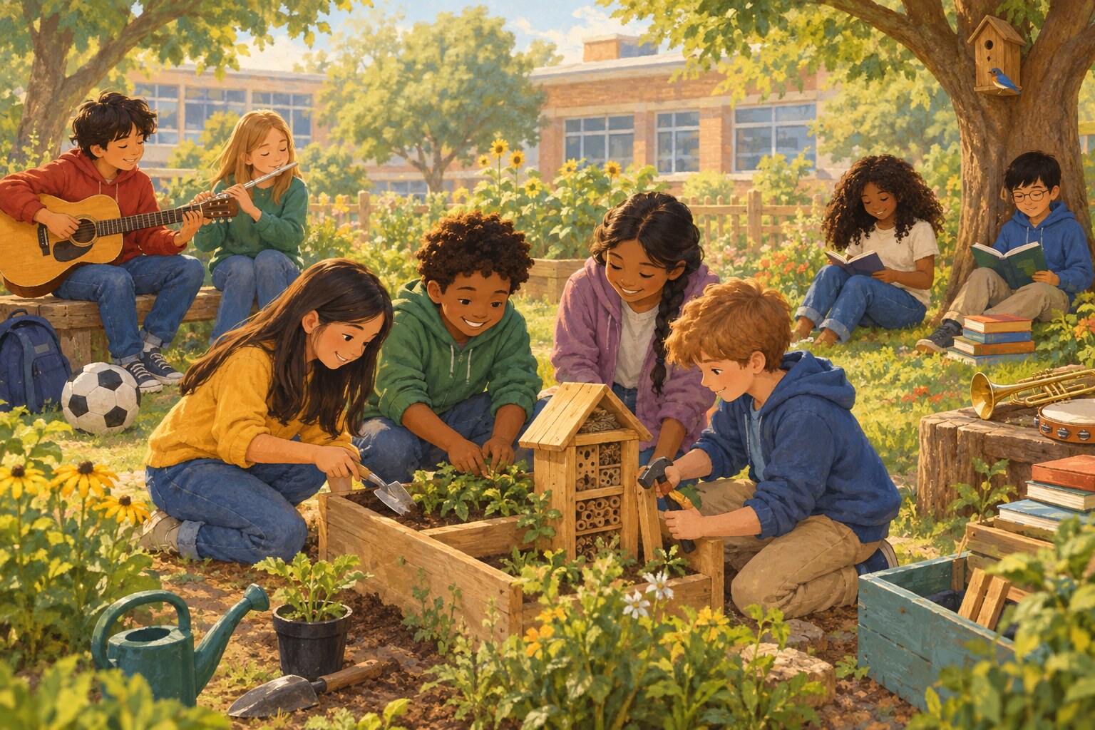 Children taking part in sports, music, and outdoor learning at school.