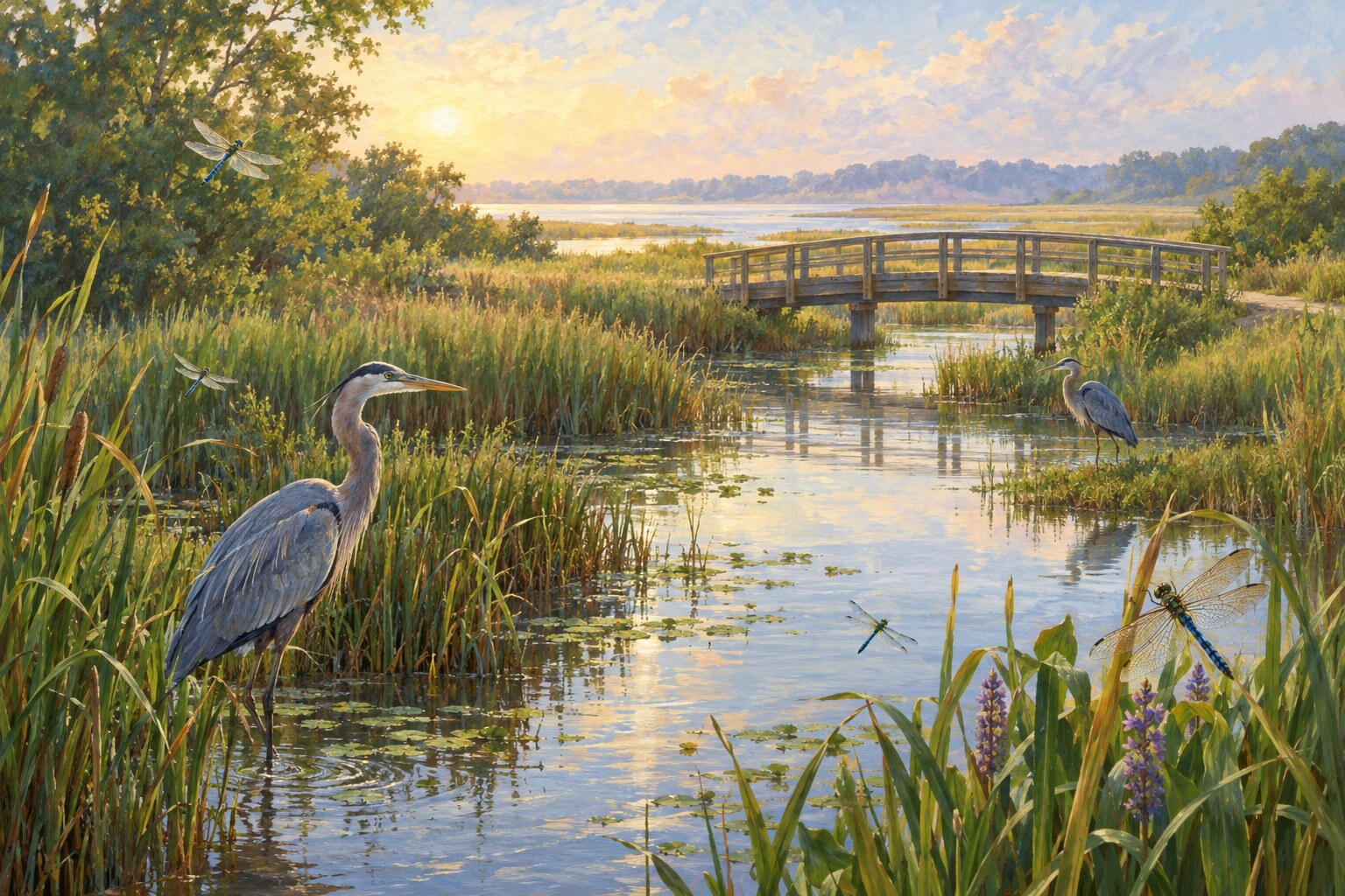 A healthy Mid-Atlantic wetland with birds, reeds, and shallow water.