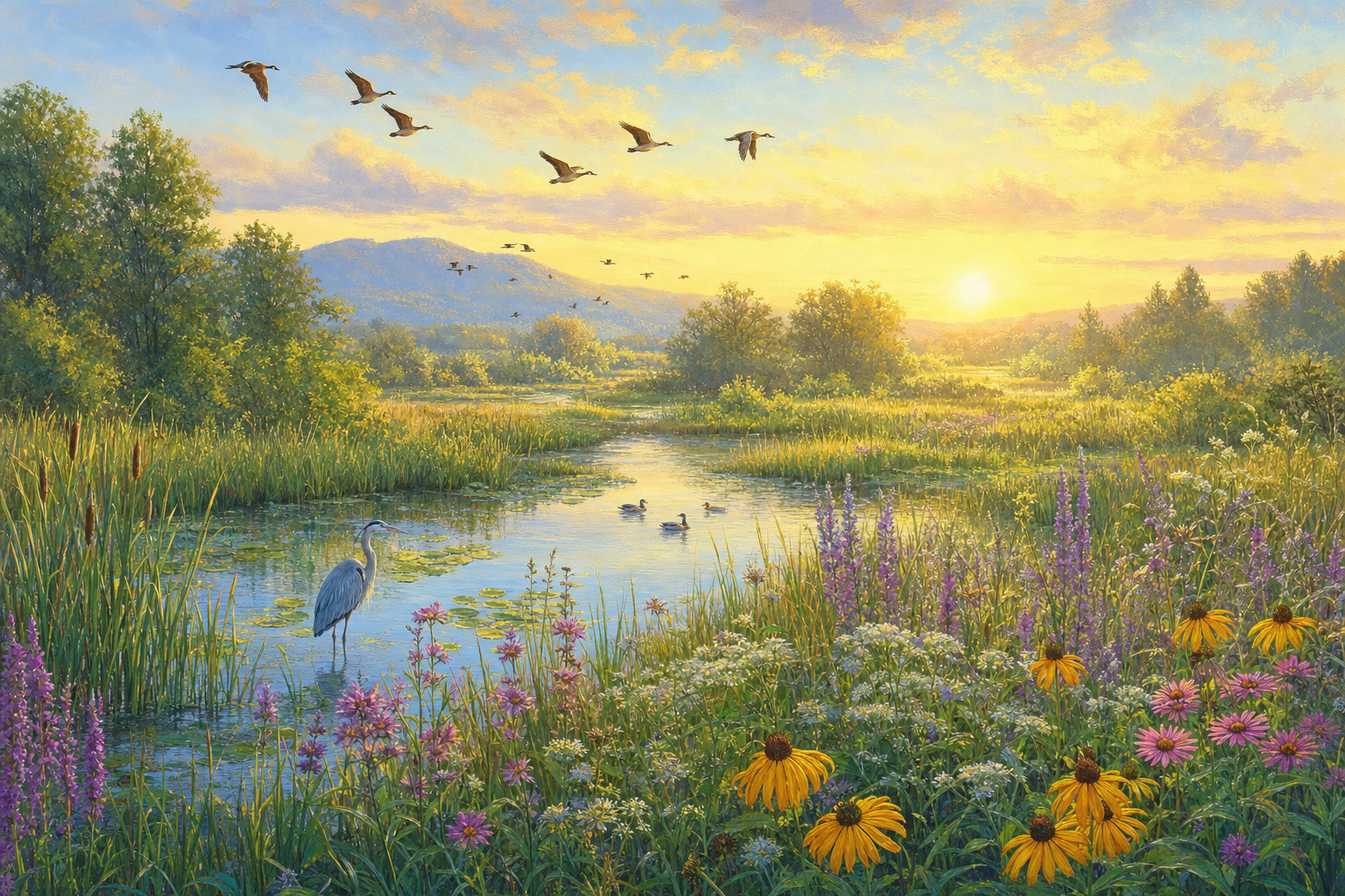A restored wetland, young trees and wildflowers stretch toward a small town.
