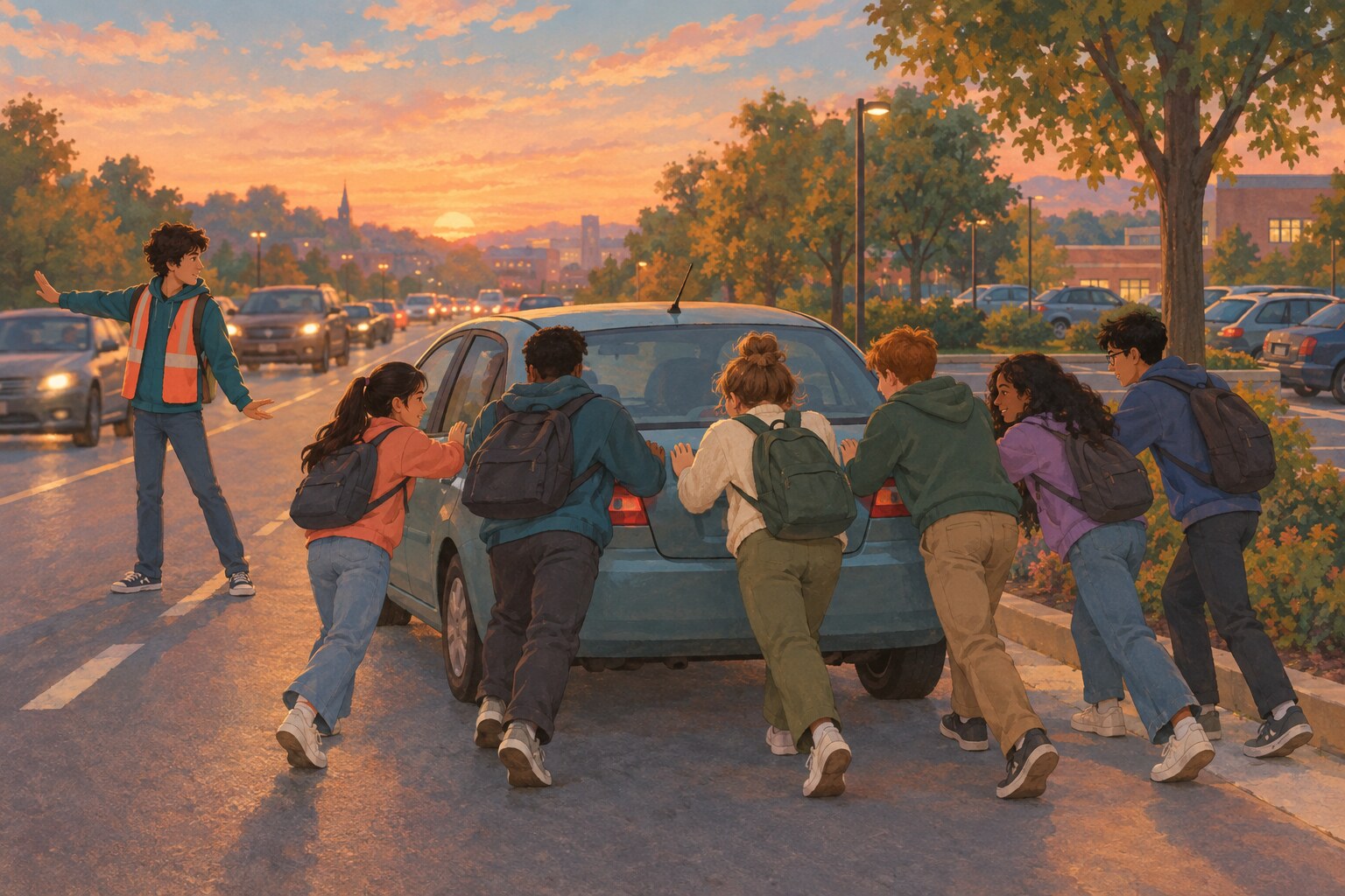 High school students help push a stranger's stalled car to a safe parking space.