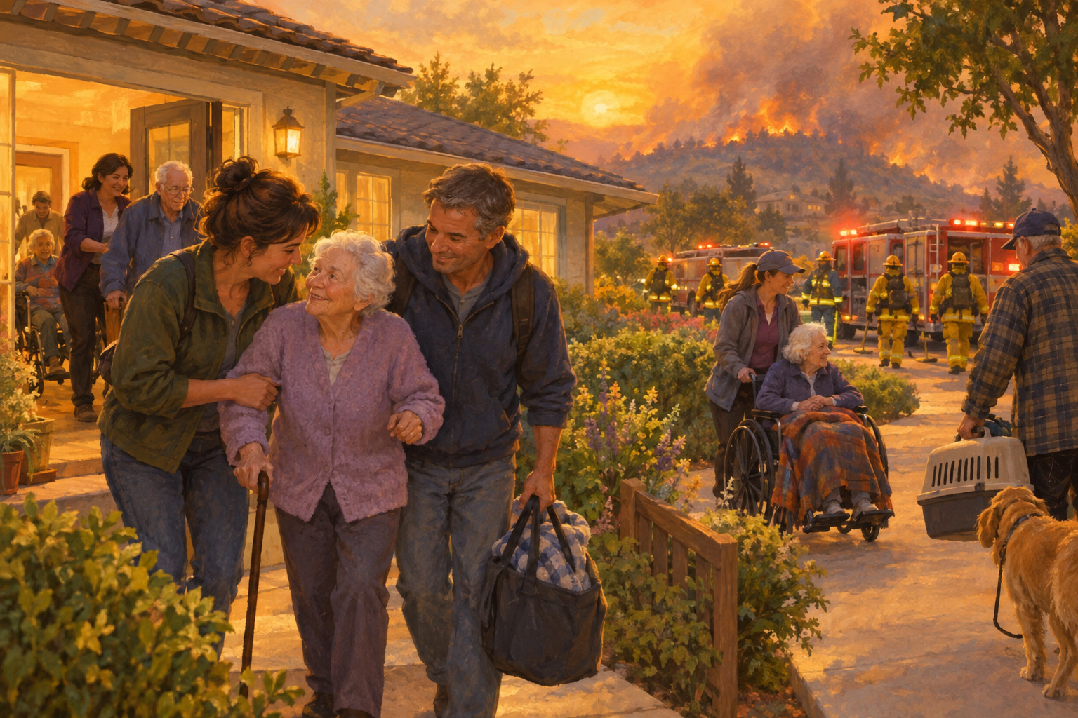 Neighbors and firefighters help elderly residents leave an assisted-living home safely after a fire.