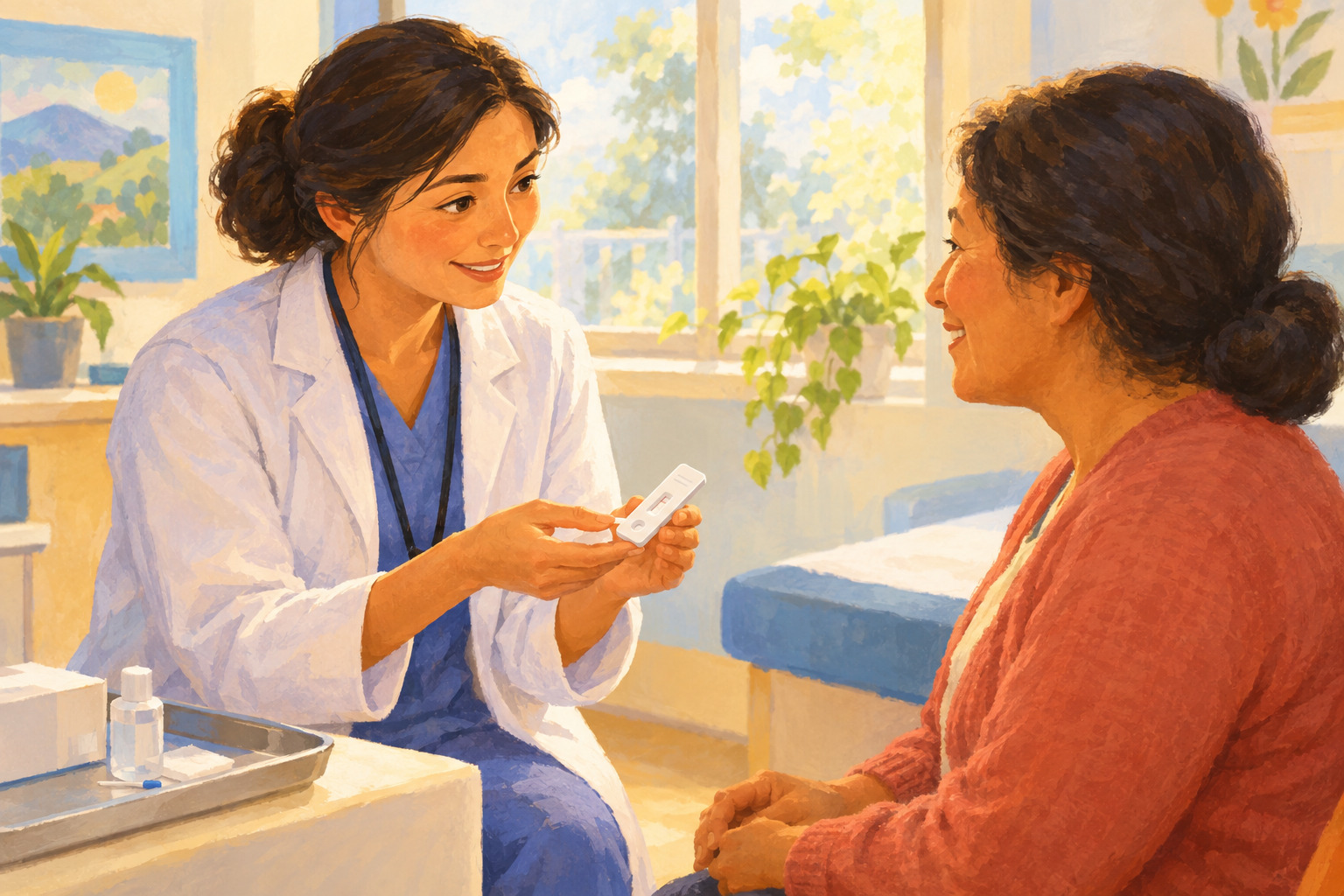 A nurse and patient looking together at a small testing device in a welcoming clinic.