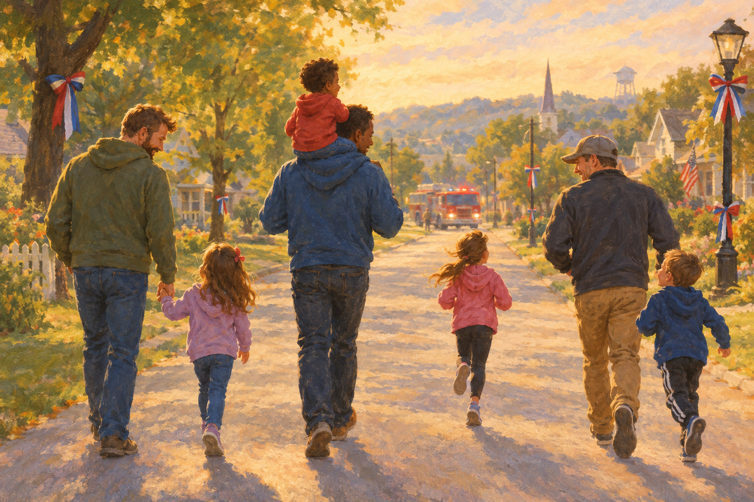 Three neighbors run together with their families along an Ohio road during a community fundraiser.