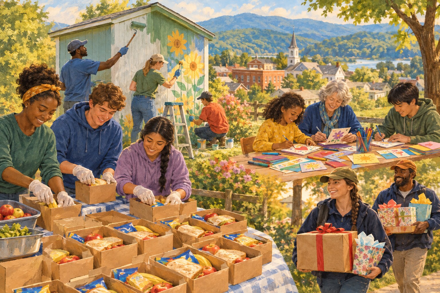 Volunteers working together on lunch boxes, cards, and community projects in Virginia.
