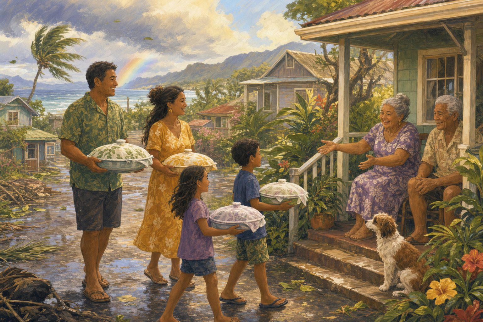 A family delivers warm meals to older neighbors in a Hawaiian village after a storm.