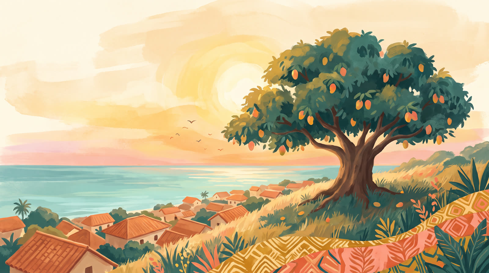 A warm illustrated mango tree at golden sunrise above an East African coastal village, the Global Good News Daily's visual motif.