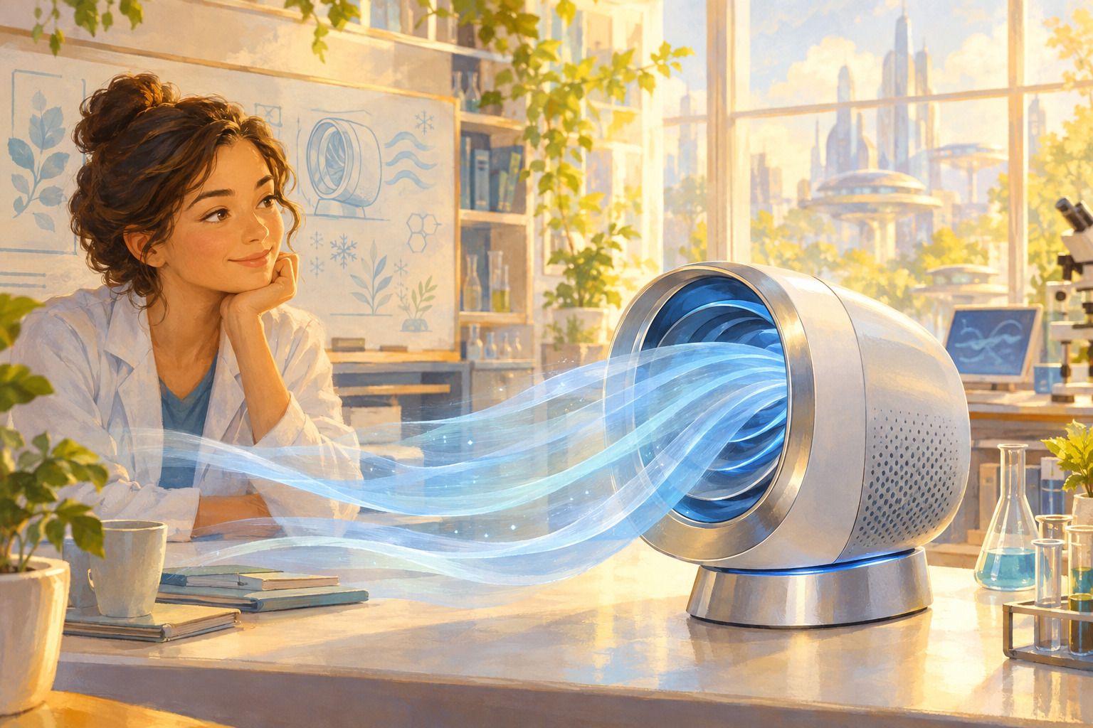 Researchers studying a compact solid-state cooling device in a bright laboratory.