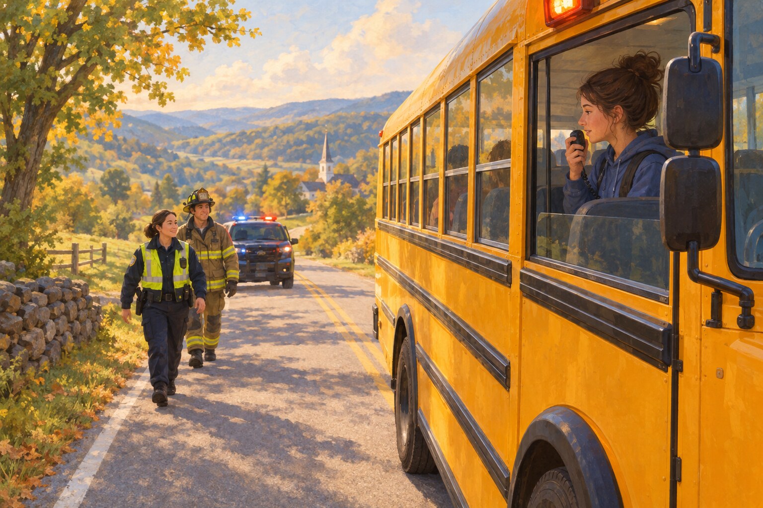 A student helps bring a school bus to a safe stop while emergency responders come to help.