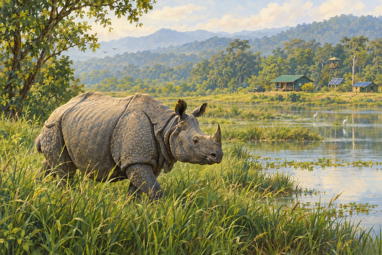 A greater one-horned rhinoceros moves through protected wetland habitat in India.