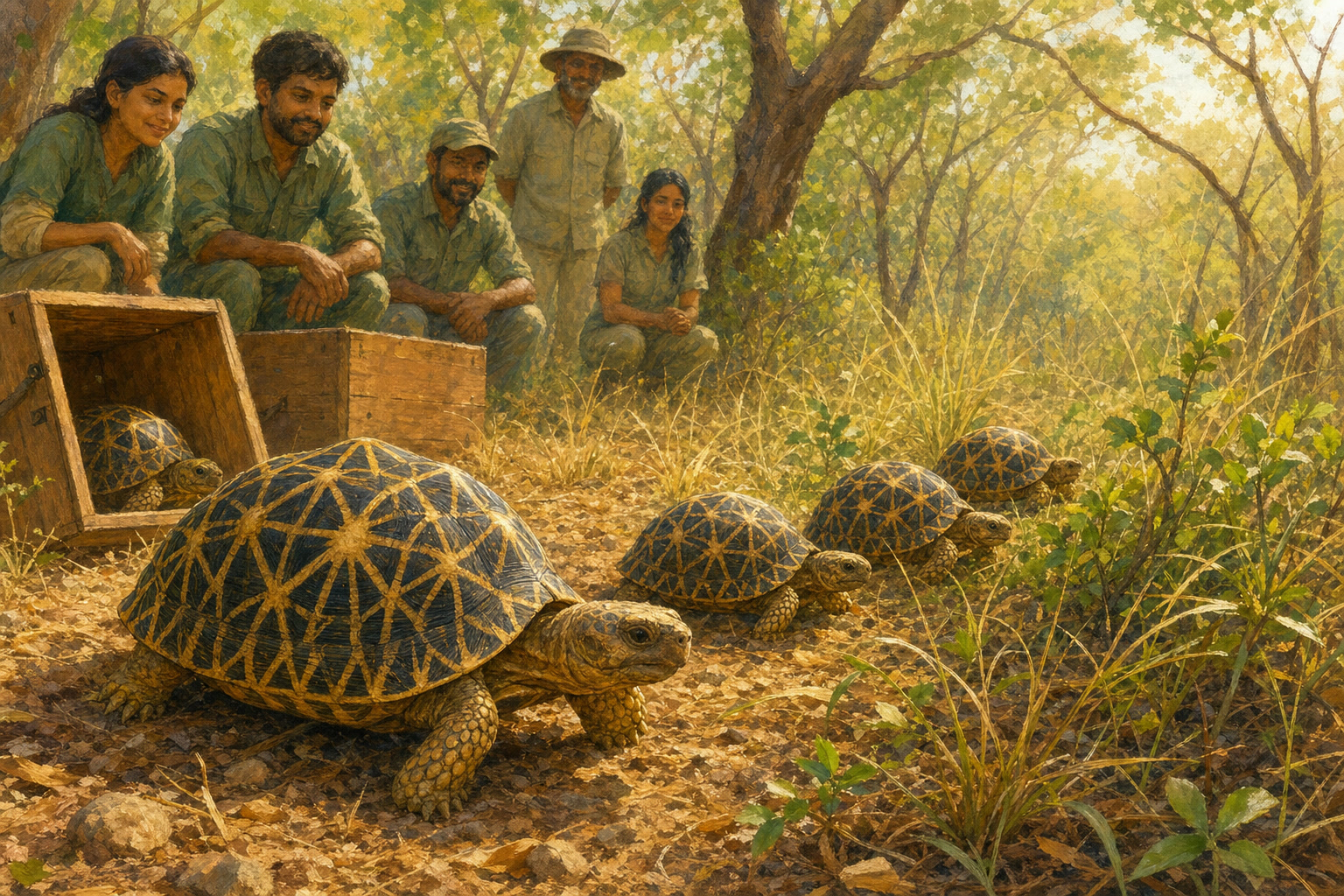 Rescued Indian star tortoises are released into a protected forest at Tadoba-Andhari Tiger Reserve.