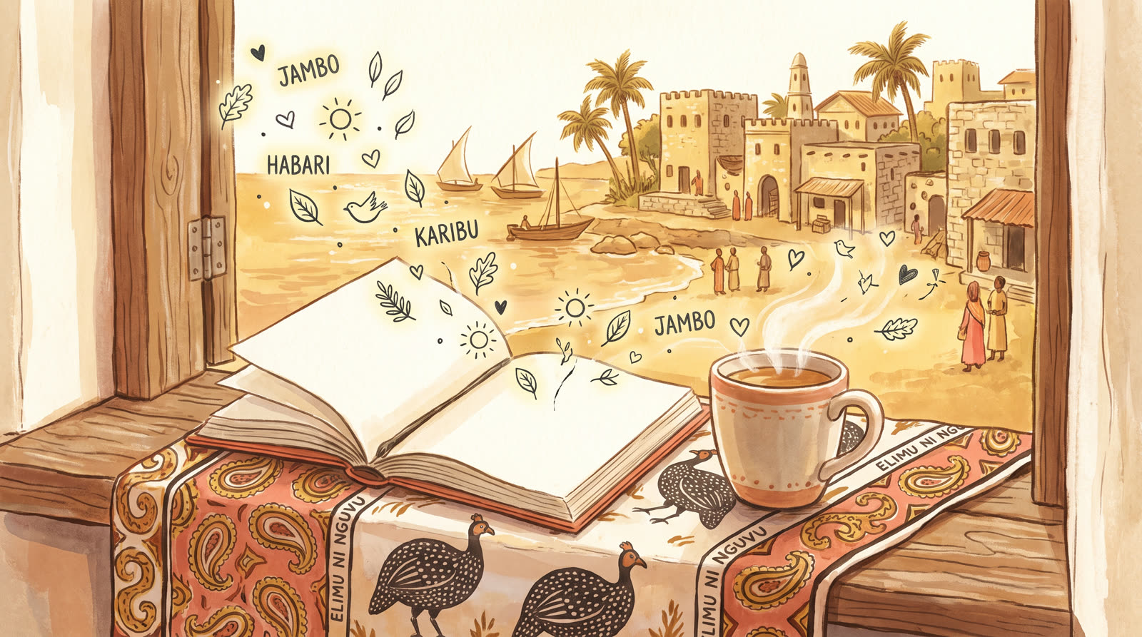 An open notebook and warm cup of tea on a windowsill overlooking a coastal village, representing gentle language learning.