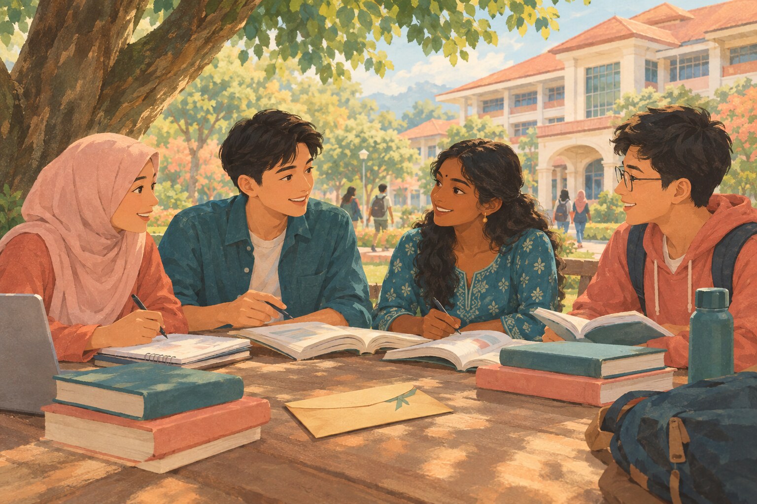 Malaysian university students study together on a welcoming campus.