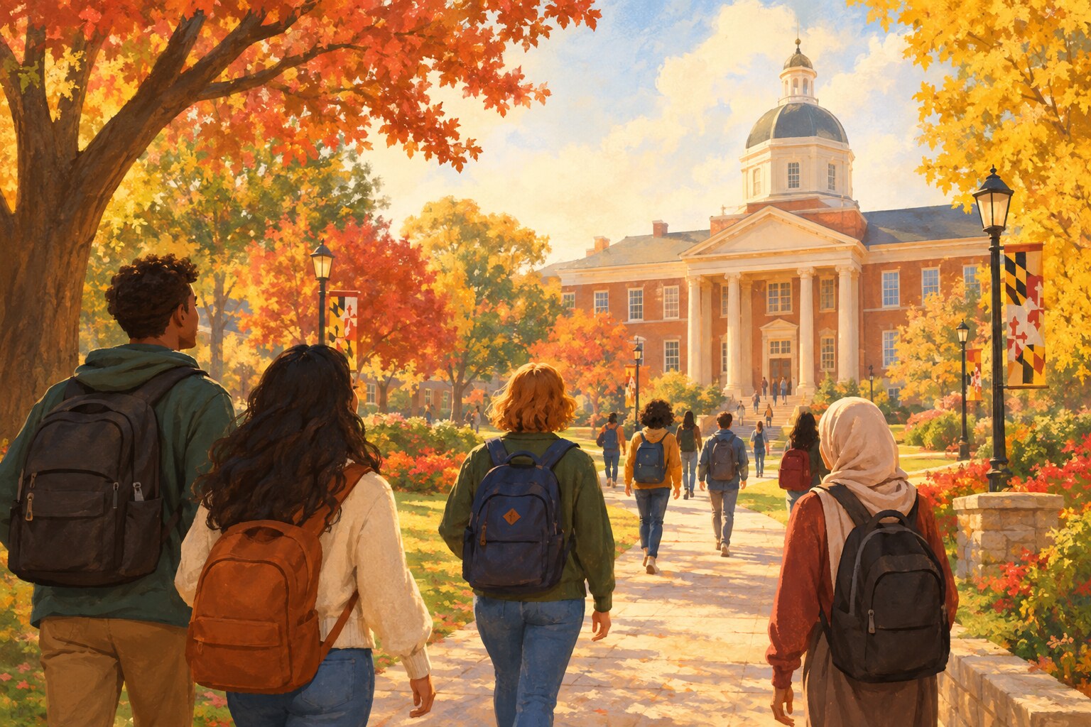 Students walk toward a welcoming college campus in Maryland.