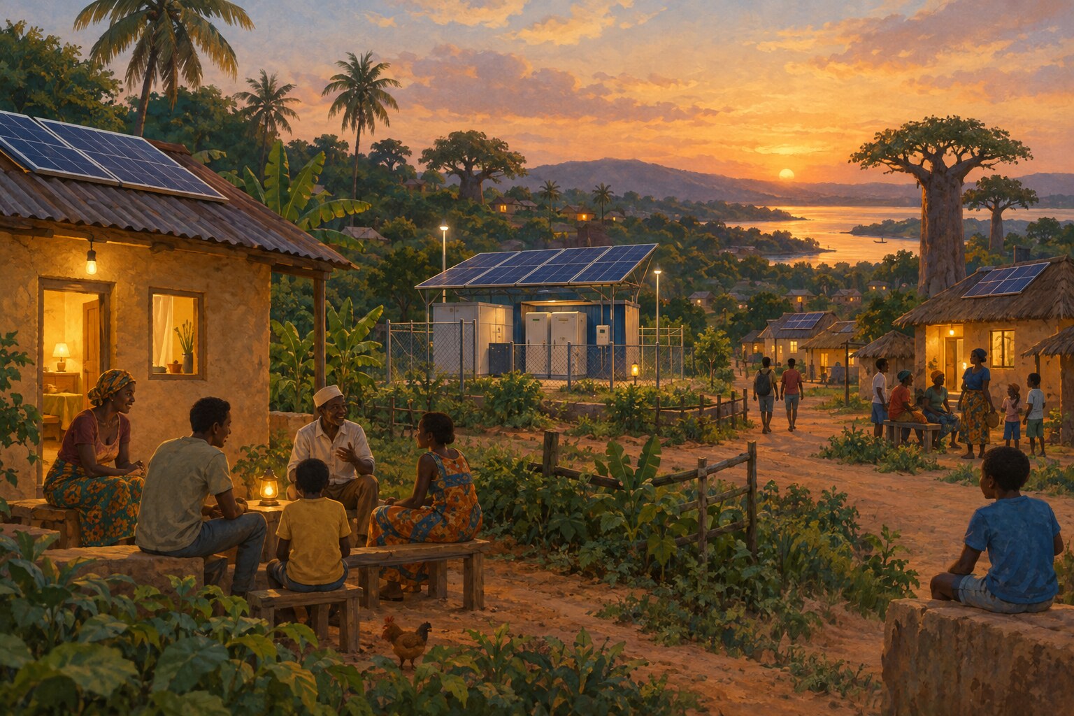 Solar panels bring gentle evening light to a rural community in Mozambique.