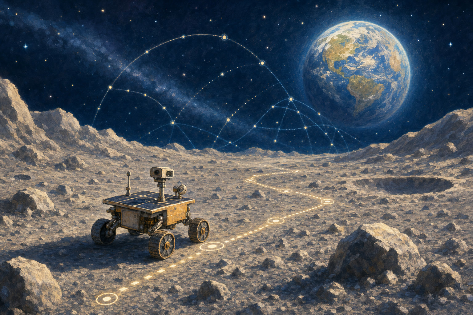 A small lunar rover following a mapped route beneath Earth in the sky.