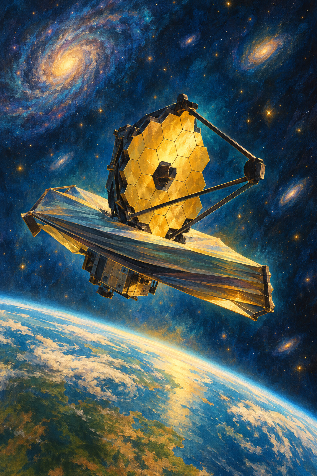 NASA’s Roman Space Telescope glides above Earth against a star-filled sky.