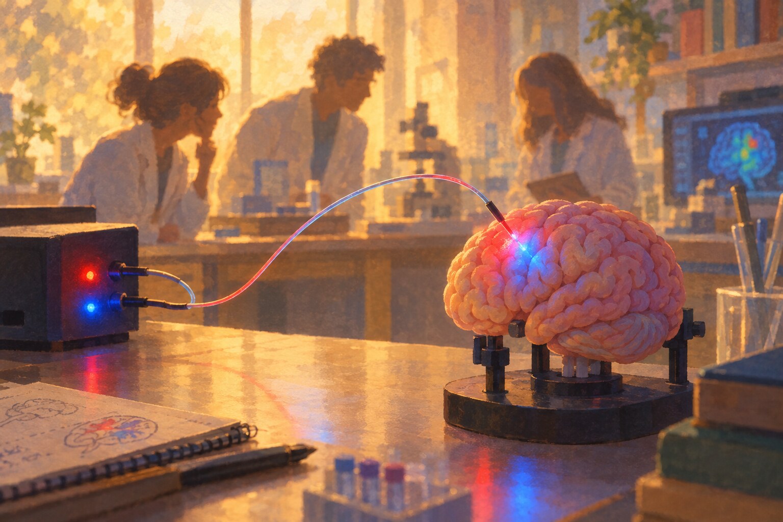 A tiny flexible research fiber is shown beside a softly glowing brain model in a laboratory.